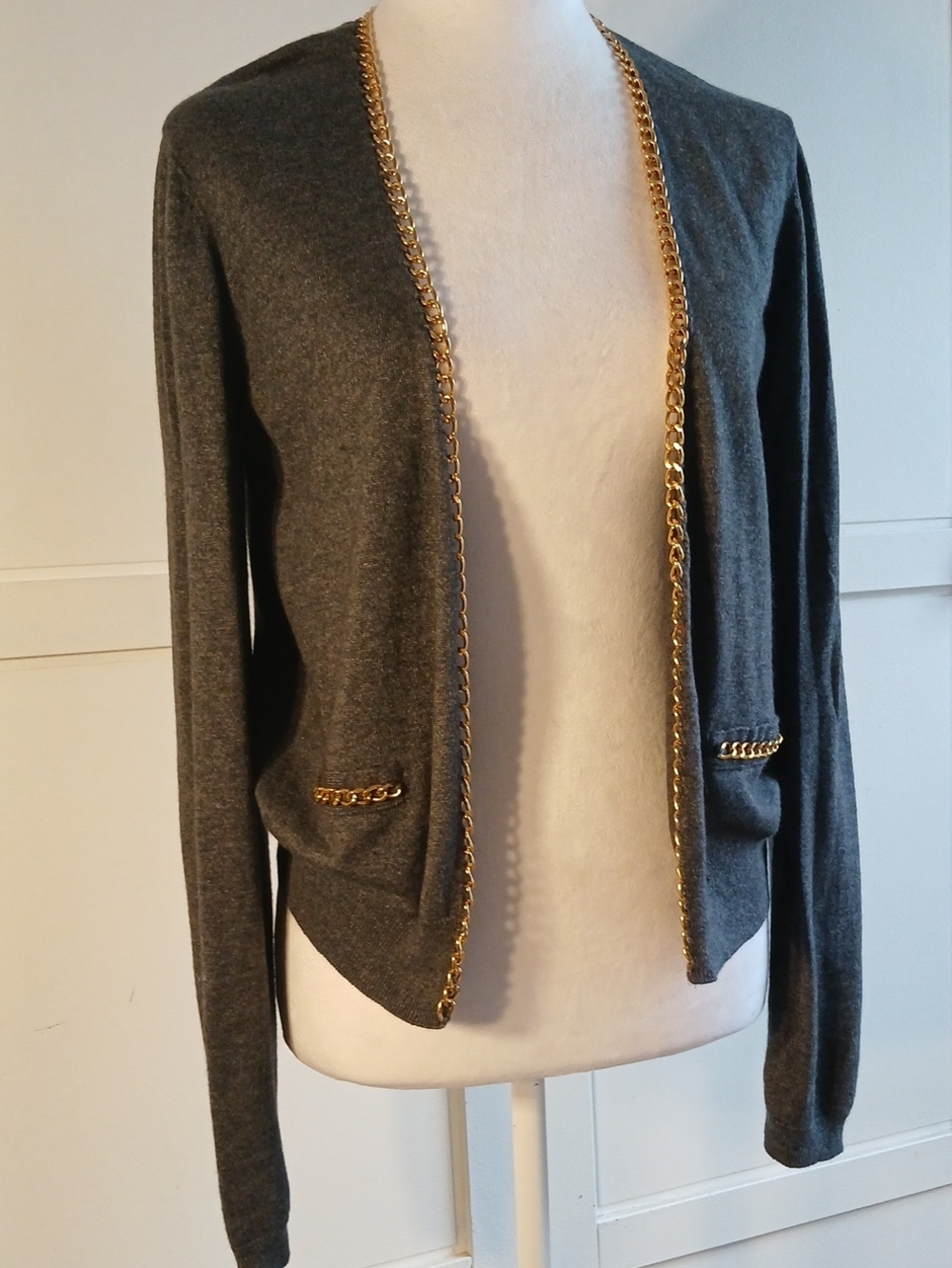 Gray Women's Cardigan with Gold Chain Trim